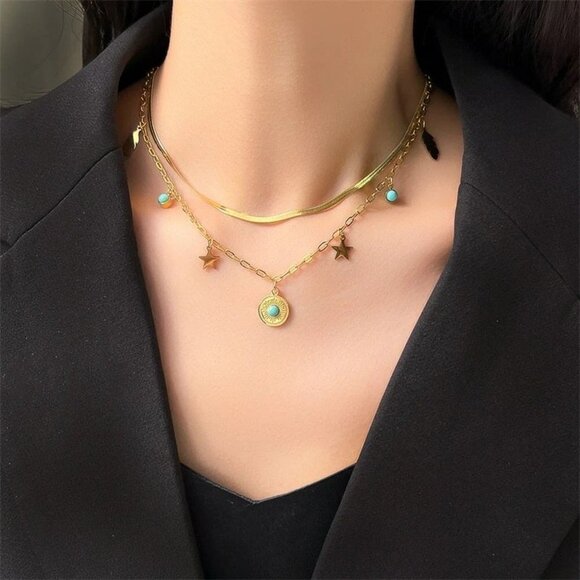 Fine Jewelry 2 Layer Leaves Star Cracked Stone Charm Chain Choker Necklaces - Picture 7 of 7